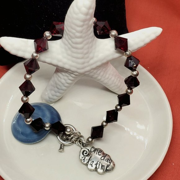 Swarovski Jewelry - Genuine Swarovski Garnet Crystal Toggle Bracelet with One Day at Time Charm